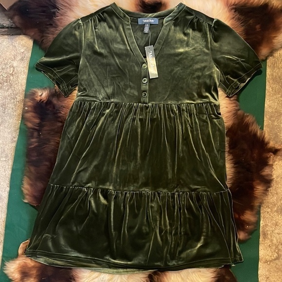 NWT ModCloth Green Short Sleeve Velour Mini Dress - Picture 1 of 6